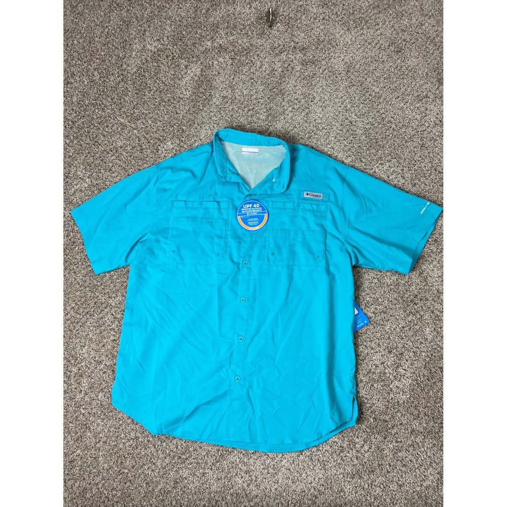 Columbia PFG Tamiami II Fishing Shirt Mens Large Blue Short Sleeve UPF 40 FM7266